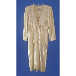 VTG 80s Studio I Cream Dress 14 Western Fringe Beaded Lace Cowgirl Rodeo Midi